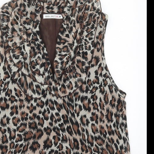Select Womens Brown Animal Print Polyester Basic Blouse Size 12 V-Neck