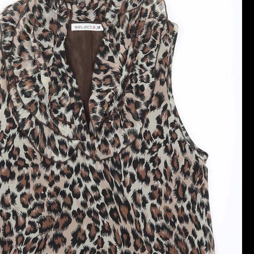 Select Womens Brown Animal Print Polyester Basic Blouse Size 12 V-Neck