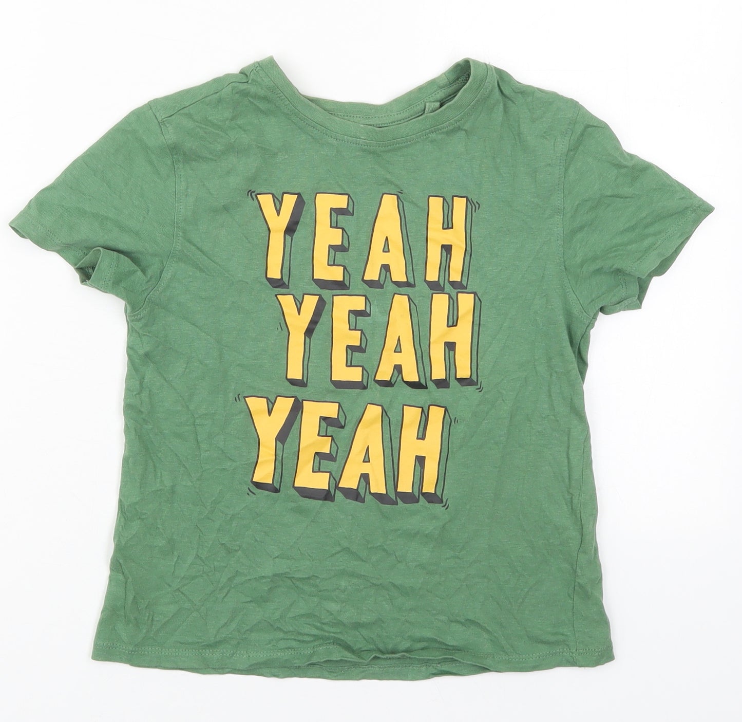 Primark Boys Green  Cotton Basic T-Shirt Size 6-7 Years Crew Neck Pullover - Yeah Yeah Yeah