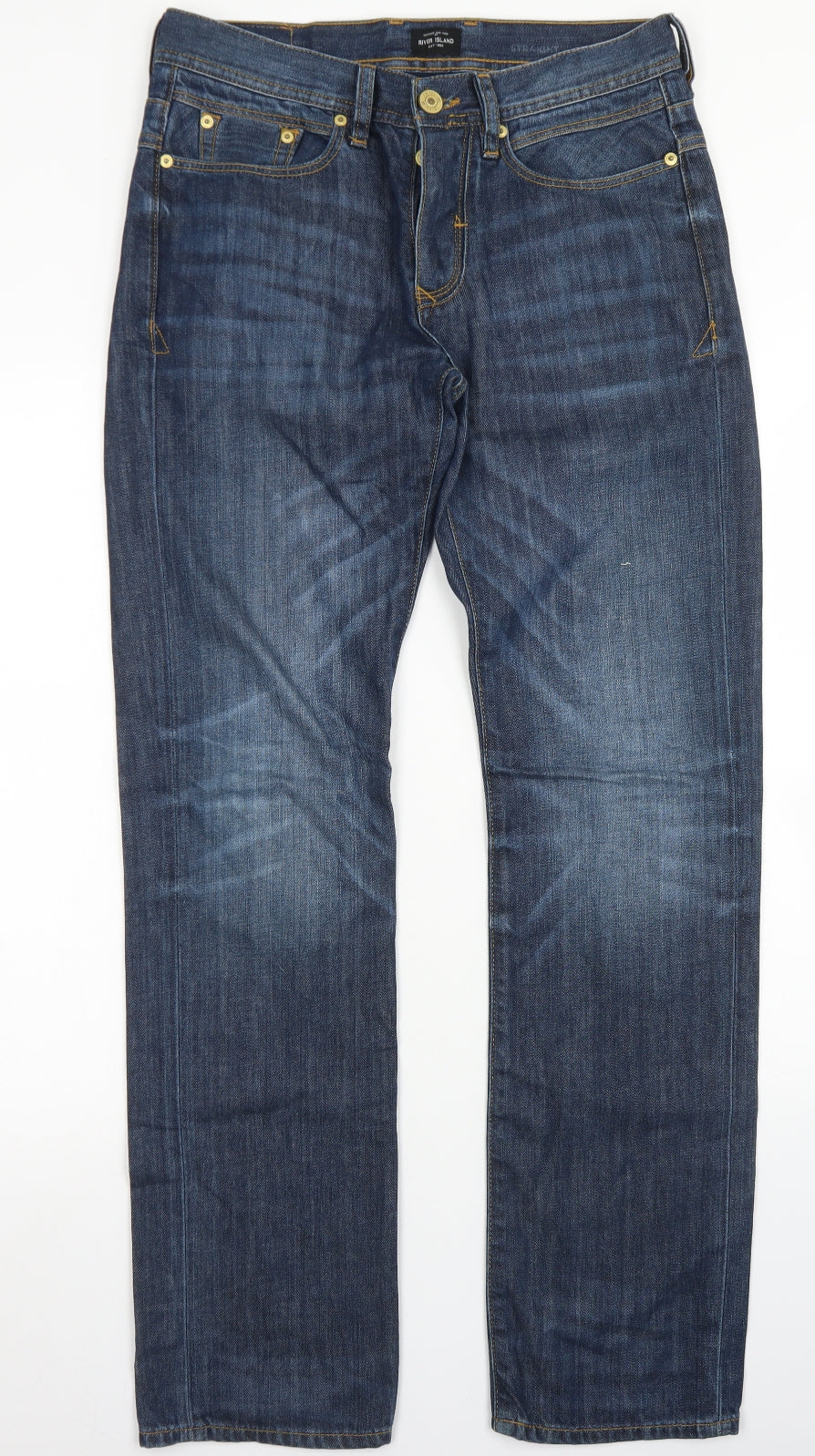 River Island Mens Blue  Cotton Straight Jeans Size 28 in L32 in Regular Button