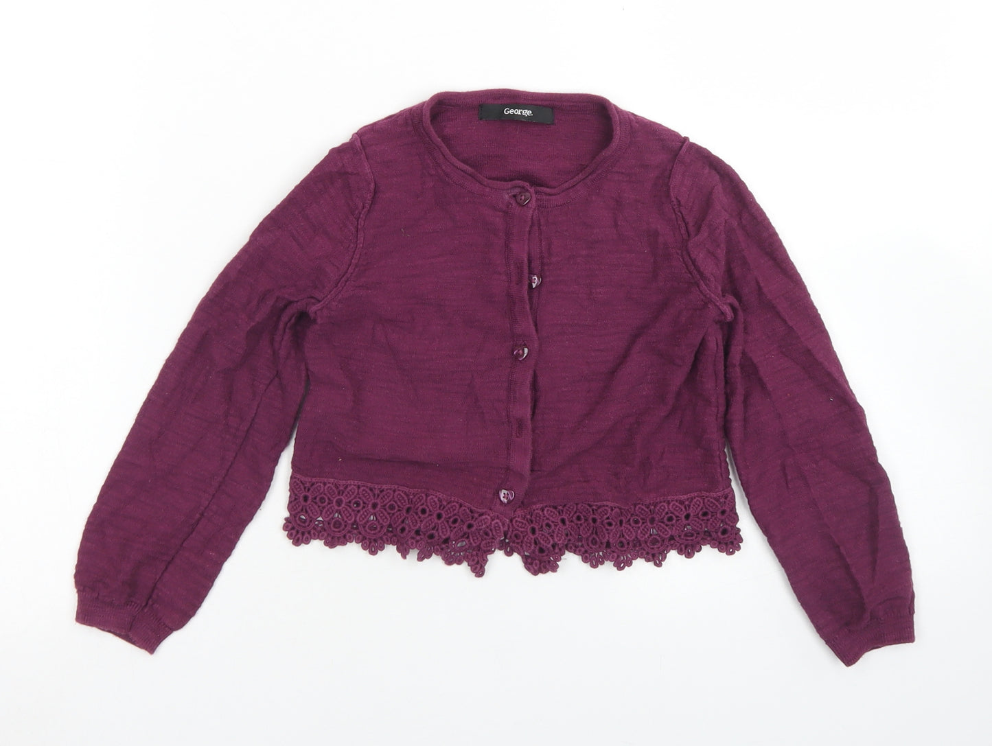 George Girls Purple Crew Neck  Cotton Cardigan Jumper Size 5 Years  Button - Lace trim