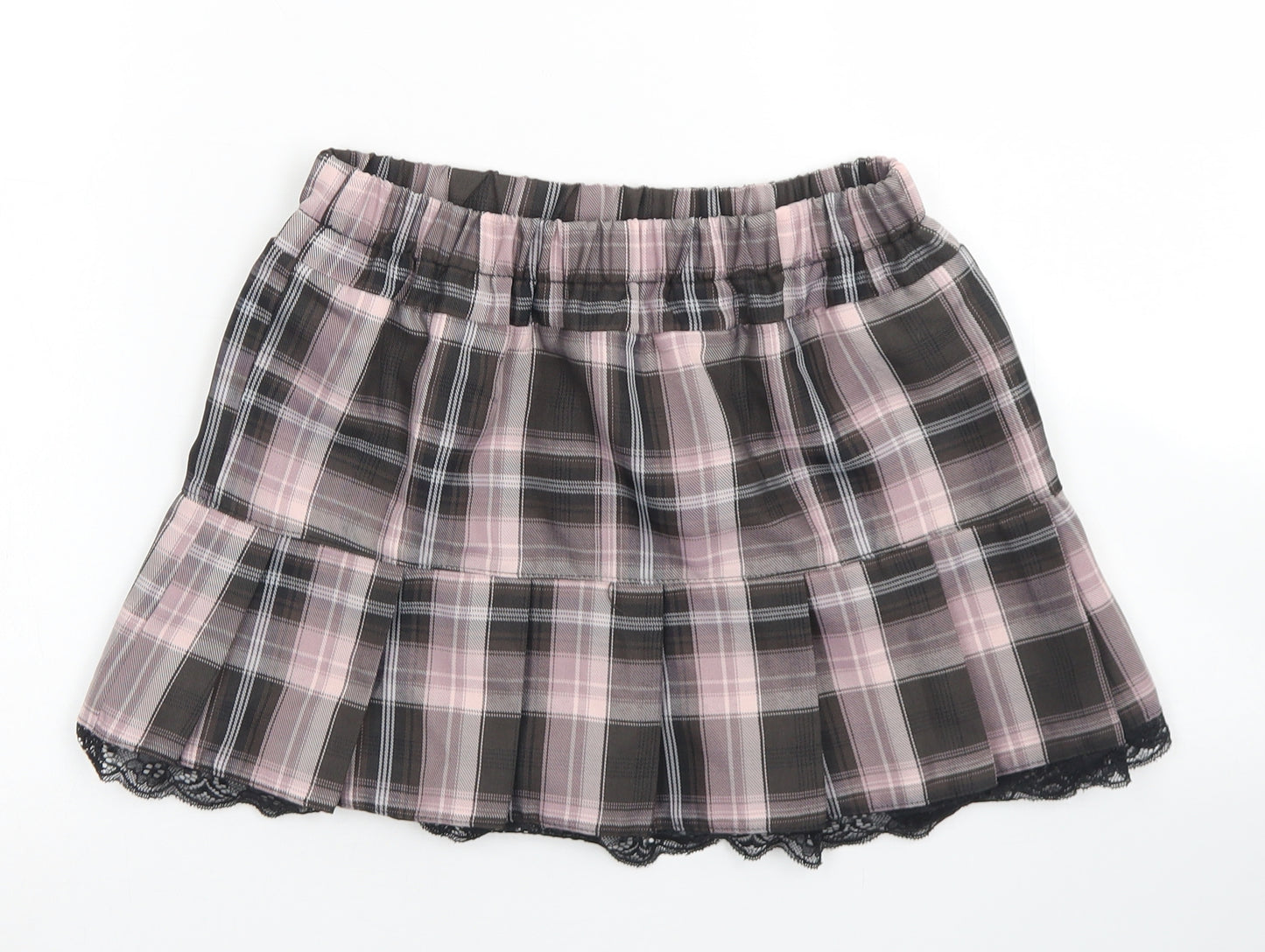 Preworn Womens Pink Plaid Polyester Mini Skirt Size S    - Lace hem