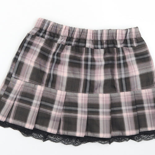 Preworn Womens Pink Plaid Polyester Mini Skirt Size S    - Lace hem