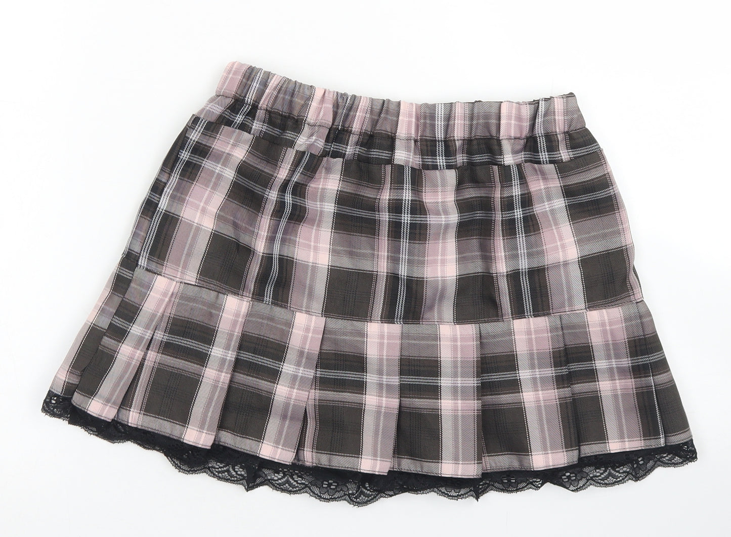 Preworn Womens Pink Plaid Polyester Mini Skirt Size S    - Lace hem