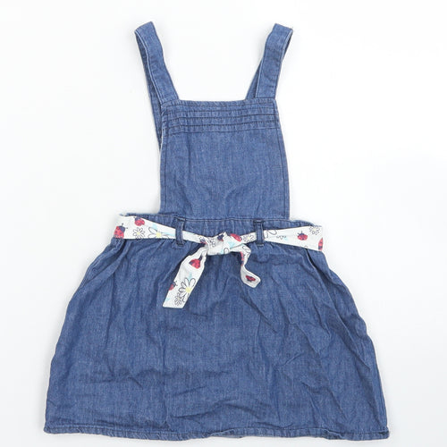 So Cute Girls Blue  Cotton Pinafore/Dungaree Dress  Size 12-18 Months  Square Neck Button - Ladybird Belt
