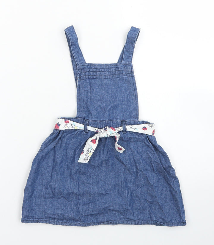 So Cute Girls Blue Cotton Pinafore/Dungaree Dress Size 12-18 Months Square Neck Button - Ladybird Belt