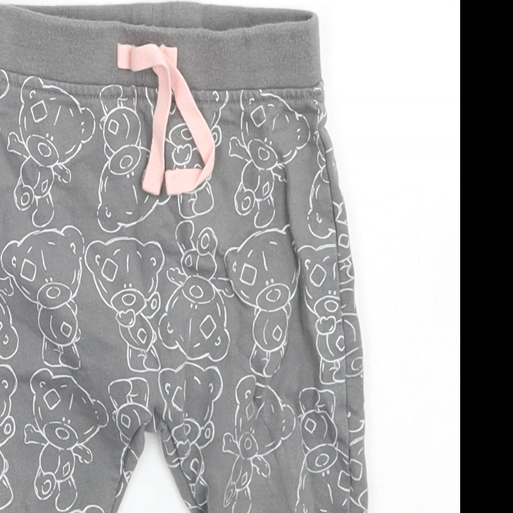 George Girls Grey  Cotton Jogger Trousers Size 6-9 Months  Drawstring - Tatty Teddy
