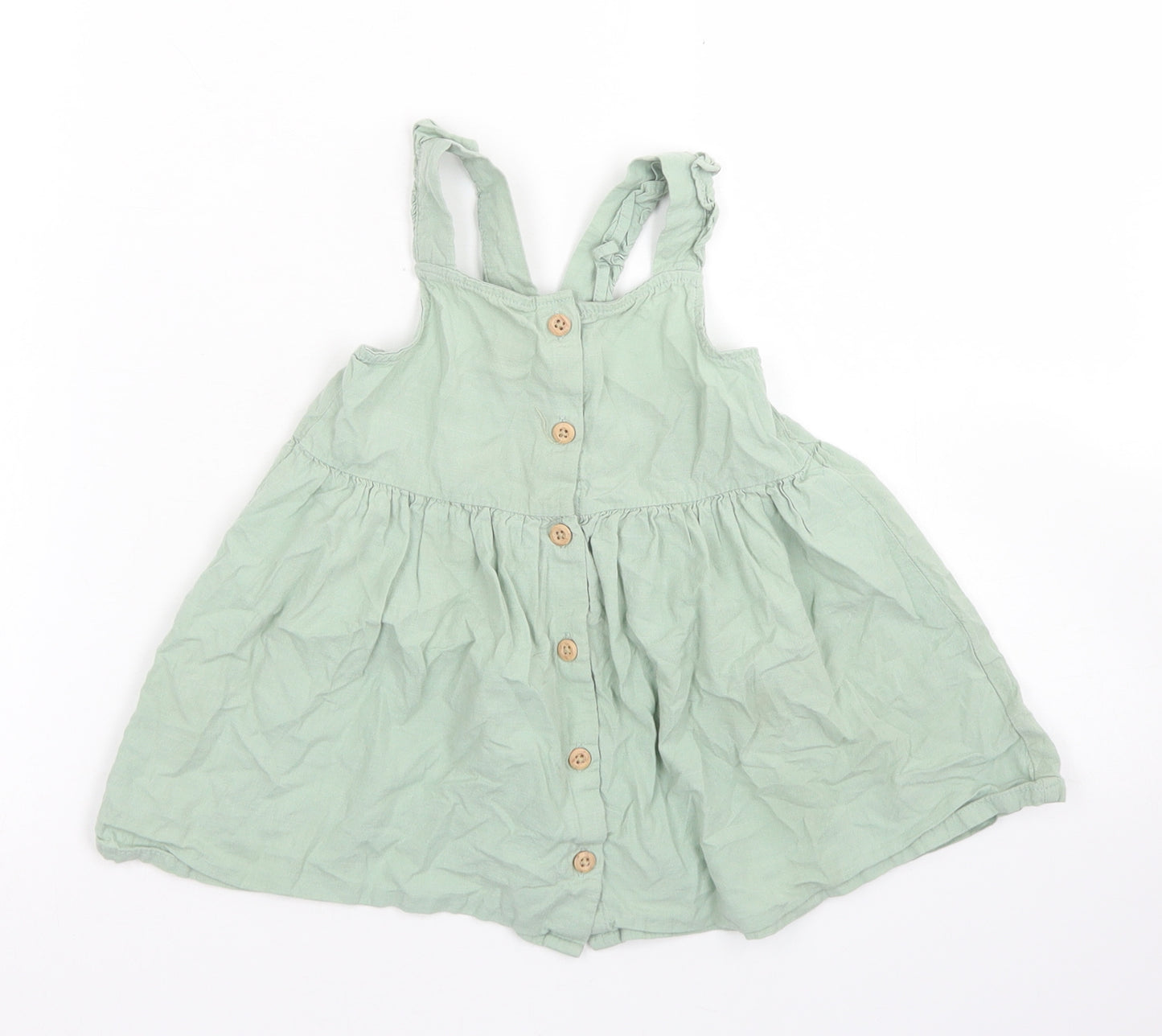 H&M Girls Green  Cotton Tank Dress  Size 12-18 Months  Sweetheart Button