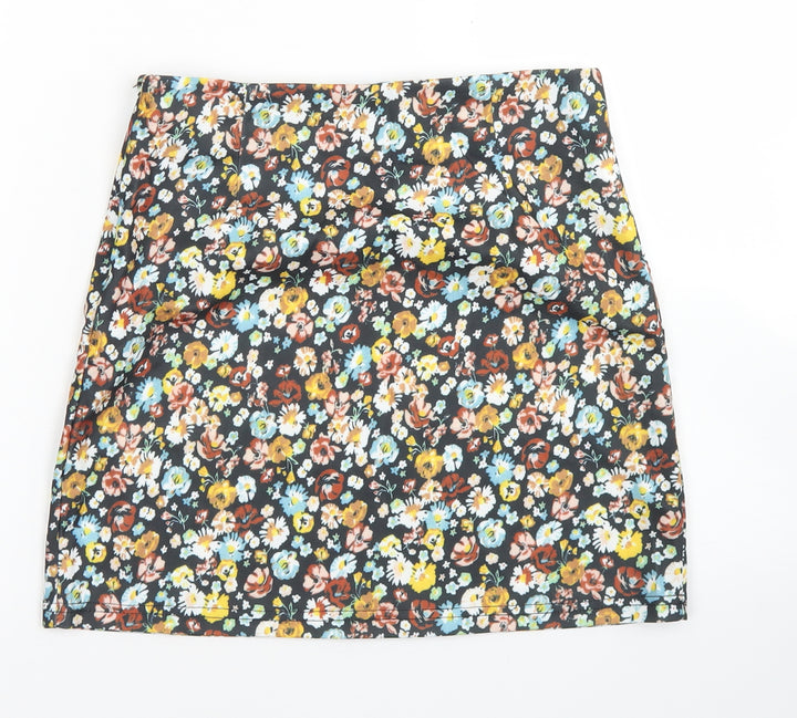 SheIn Womens Black Floral Polyester A-Line Skirt Size S Zip