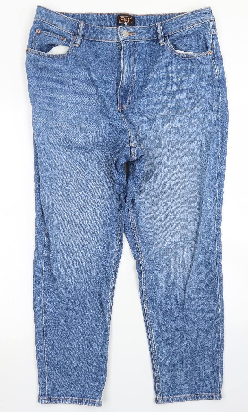 F&F Womens Blue  Cotton Straight Jeans Size 16 L25 in Regular Button
