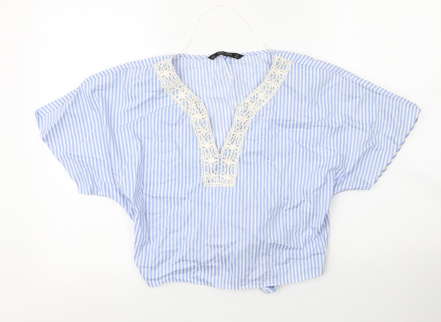 Zara Womens Blue Striped Cotton Basic Blouse Size S V-Neck