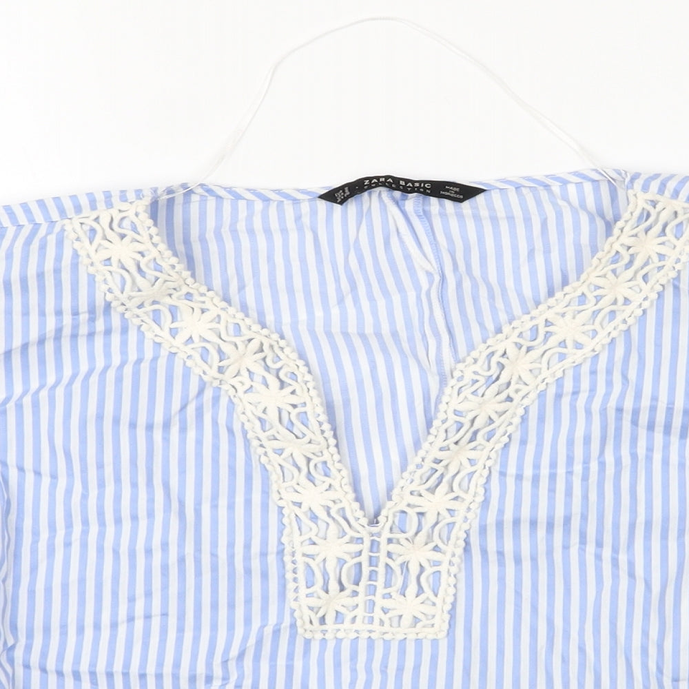 Zara Womens Blue Striped Cotton Basic Blouse Size S V-Neck