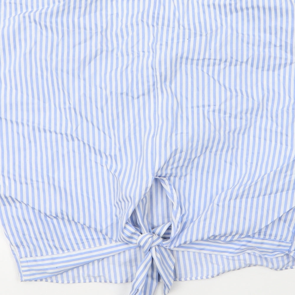 Zara Womens Blue Striped Cotton Basic Blouse Size S V-Neck