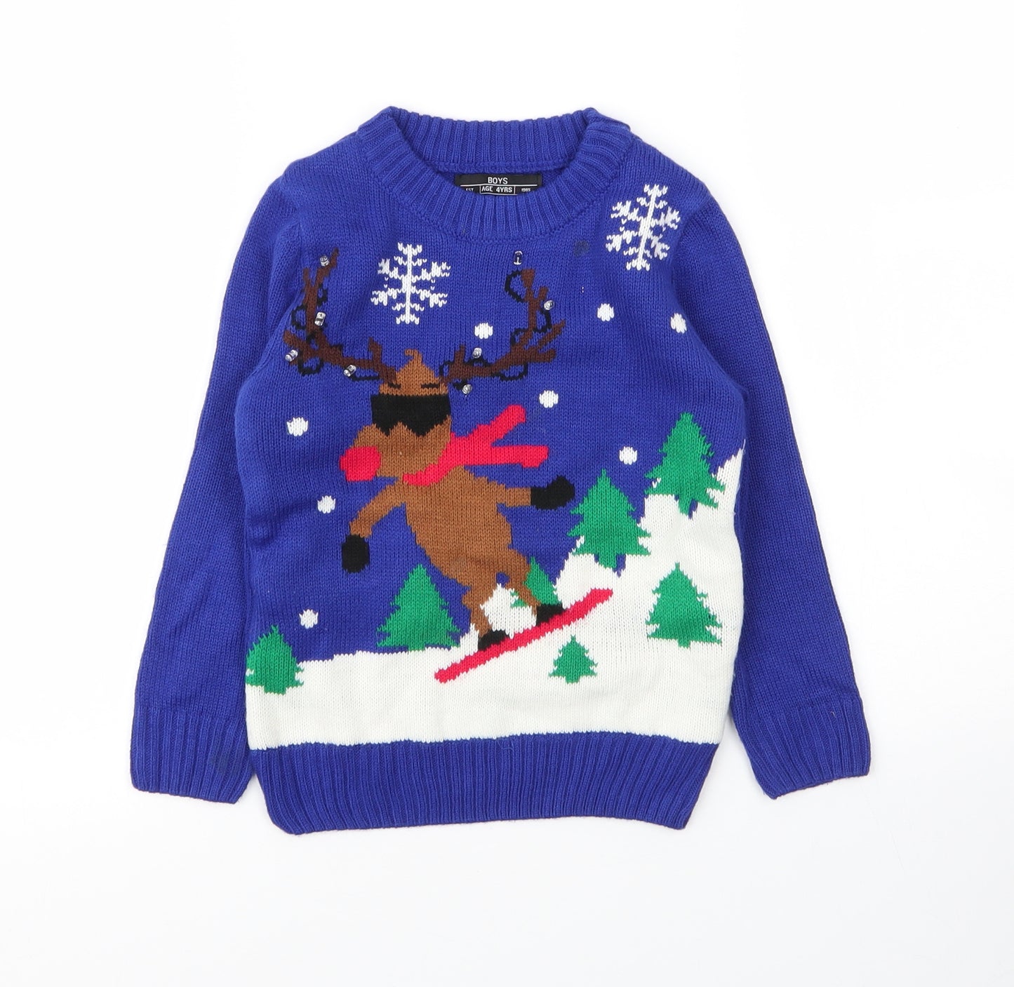 Matalan Boys Blue Round Neck  Acrylic Pullover Jumper Size 4 Years   - Christmas