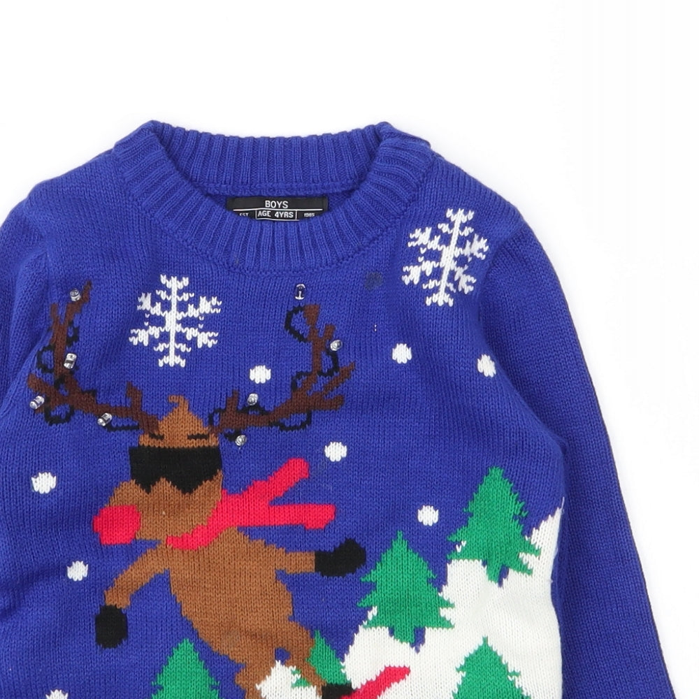 Matalan Boys Blue Round Neck  Acrylic Pullover Jumper Size 4 Years   - Christmas