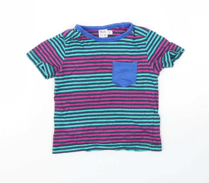 Mini Club Boys Blue Striped Cotton Basic T-Shirt Size 12 Months Round Neck