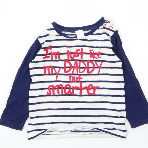 Mini Club Boys White Striped Cotton Basic T-Shirt Size 12 Months Round Neck Button