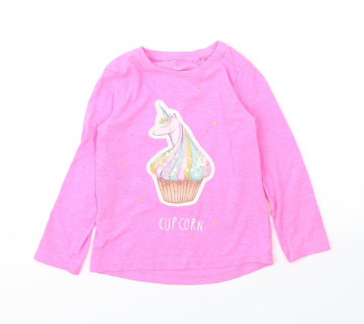 NEXT Girls Pink Cotton Basic T-Shirt Size 2 Years Round Neck - Unicorn
