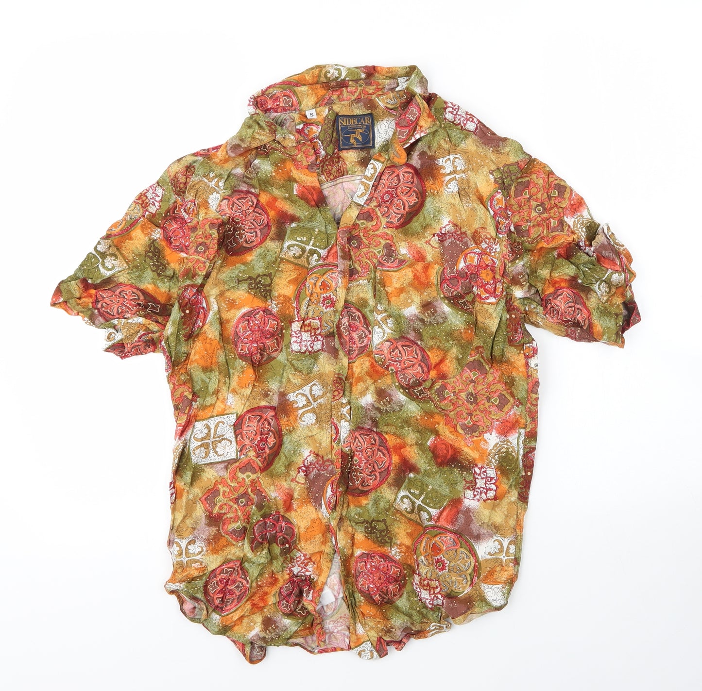 Sidecar Mens Orange Geometric Viscose  Button-Up Size S Collared Button