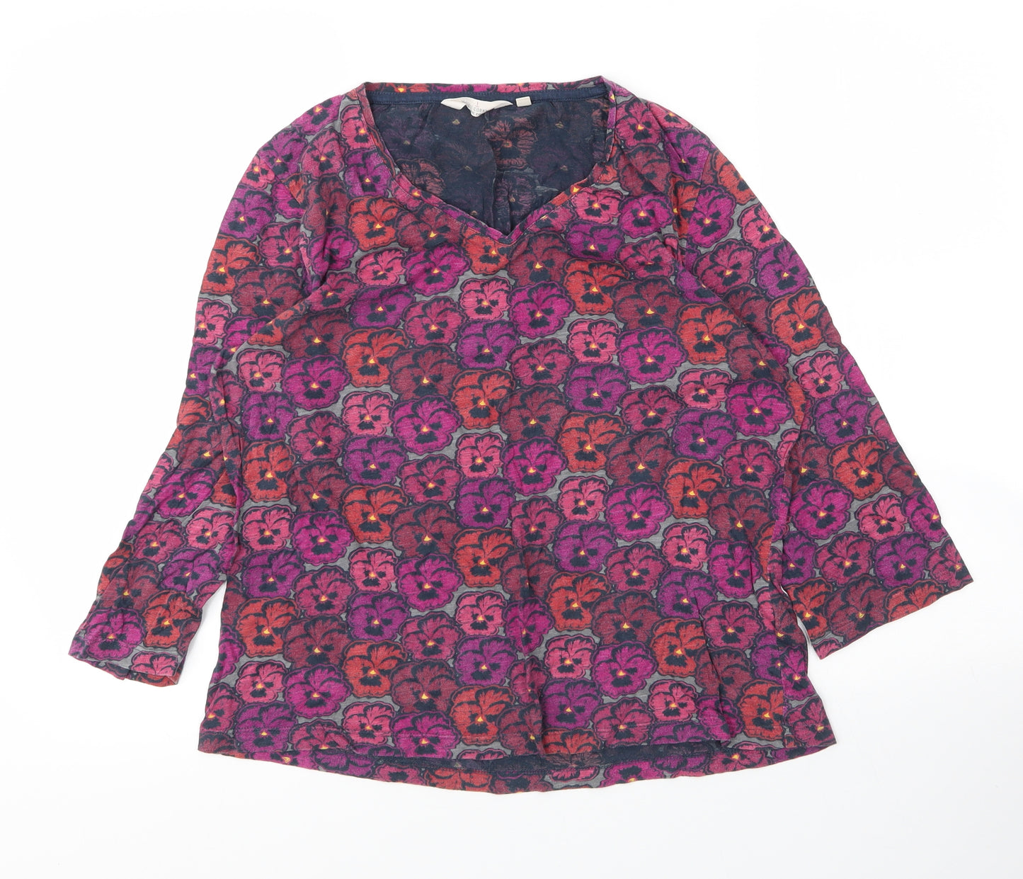 Seasalt Womens Purple Floral Cotton Basic Blouse Size 14 V-Neck