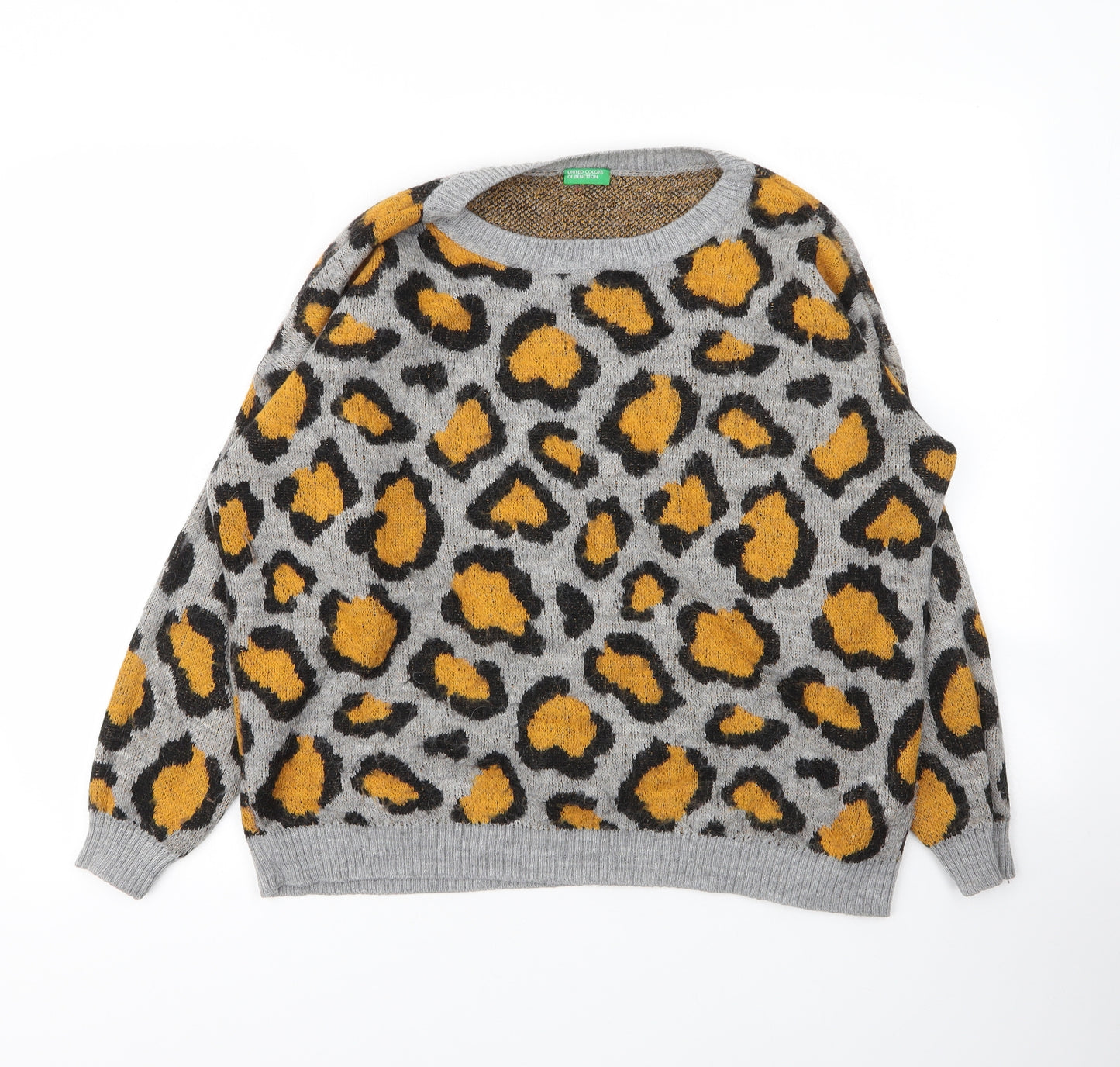 United Colors of Benetton Womens Grey Round Neck Animal Print Acrylic Pullover Jumper Size L   - Leopard print