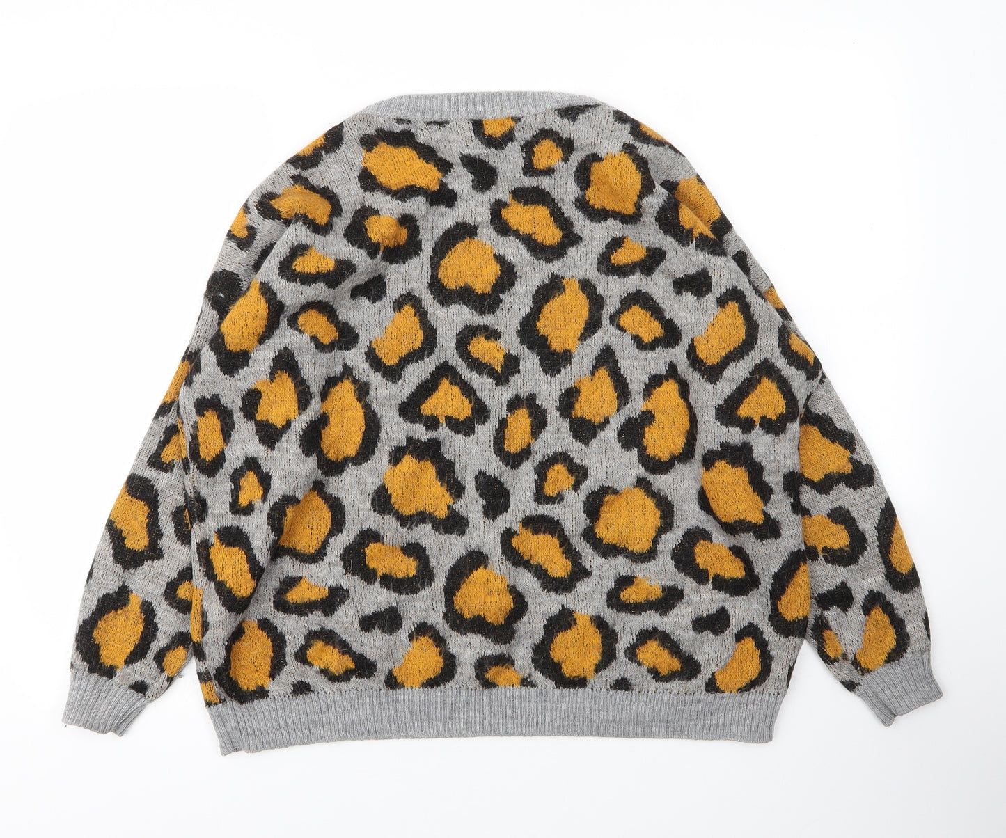 United Colors of Benetton Womens Grey Round Neck Animal Print Acrylic Pullover Jumper Size L   - Leopard print
