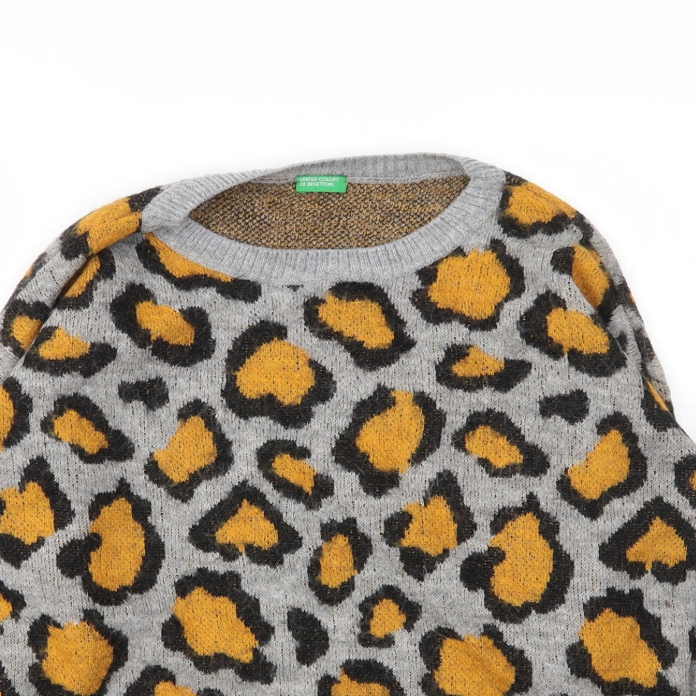 United Colors of Benetton Womens Grey Round Neck Animal Print Acrylic Pullover Jumper Size L   - Leopard print