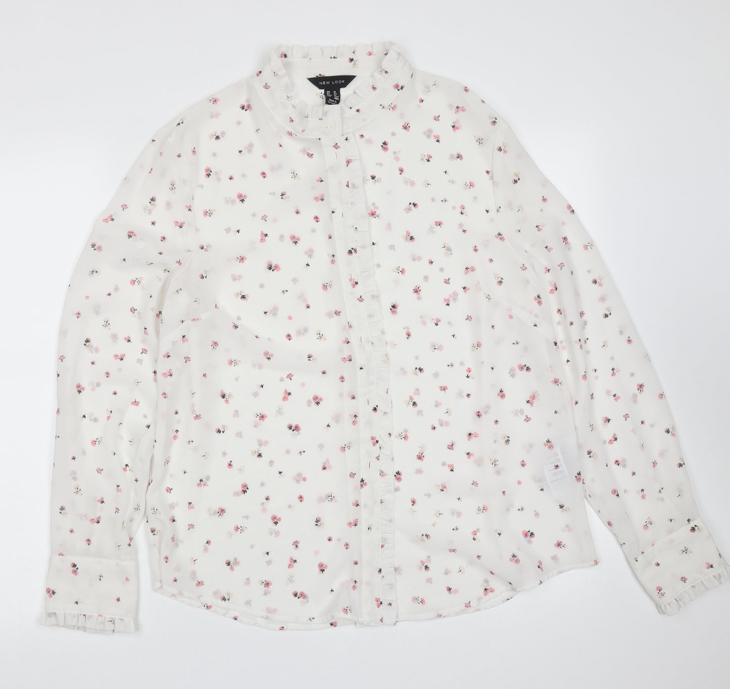 New Look Womens White Floral Polyester Basic Blouse Size 16 Round Neck