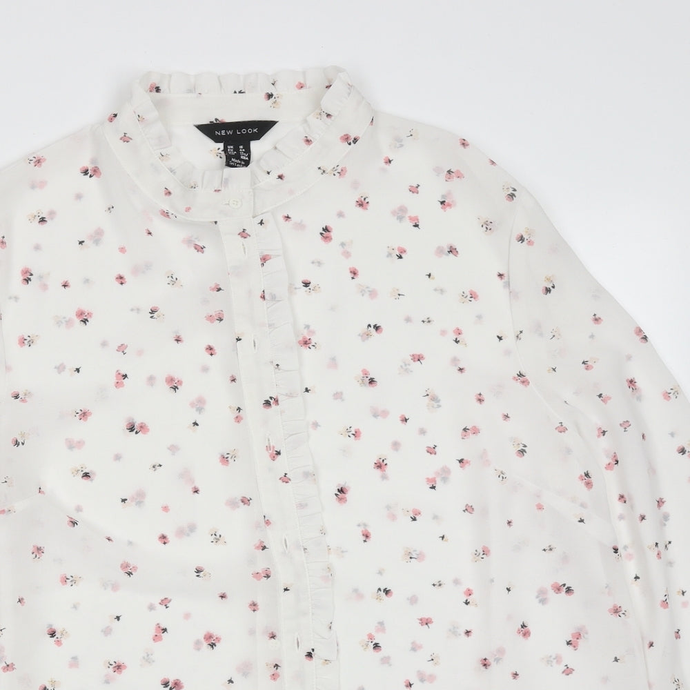 New Look Womens White Floral Polyester Basic Blouse Size 16 Round Neck