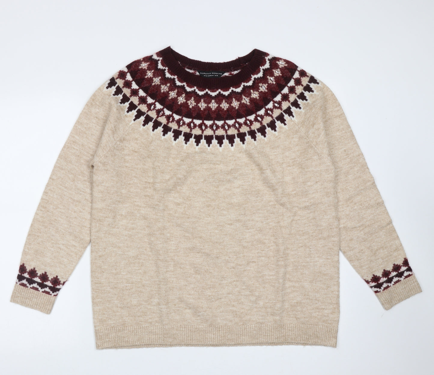 Dorothy Perkins Womens Beige Round Neck Animal Print Acrylic Pullover Jumper Size 16   - beaded