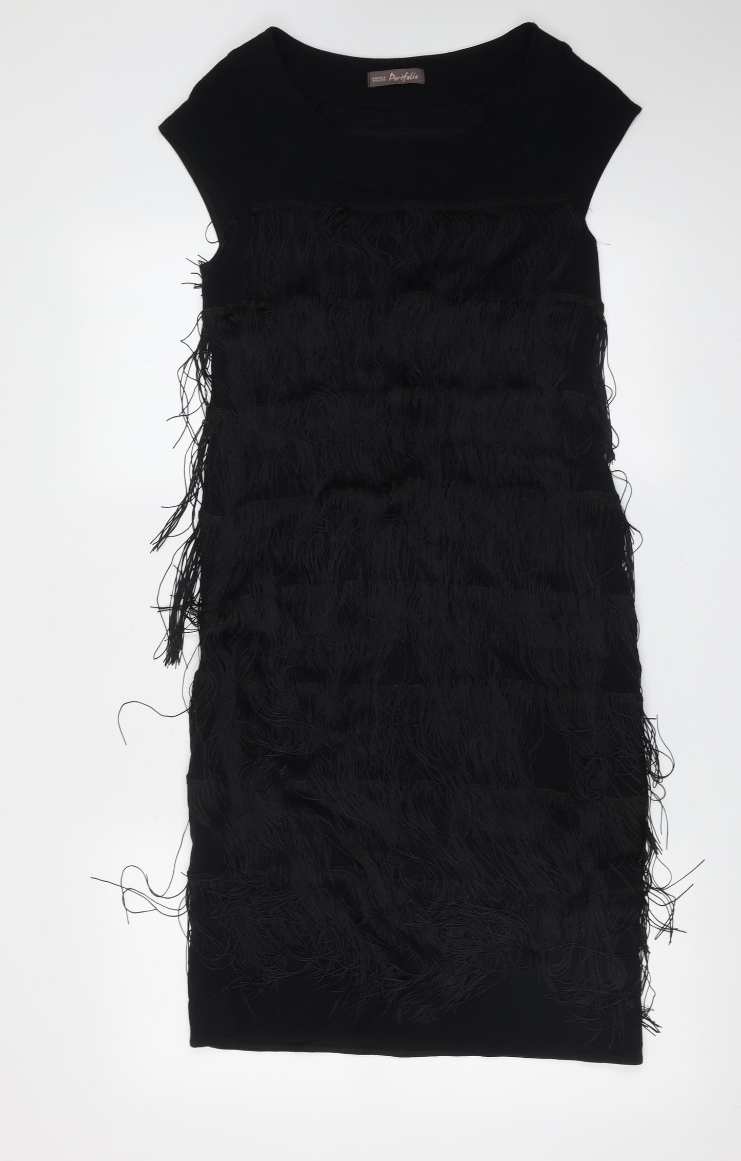 Marks and Spencer Womens Black  Viscose Shift  Size 10  Round Neck  - fringe