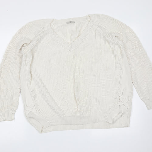 TU Womens Ivory V-Neck  Cotton Pullover Jumper Size 12