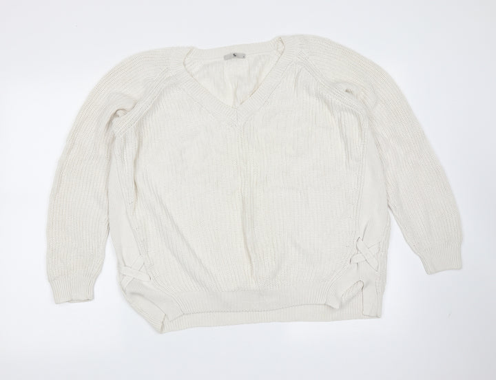 TU Womens Ivory V-Neck Cotton Pullover Jumper Size 12