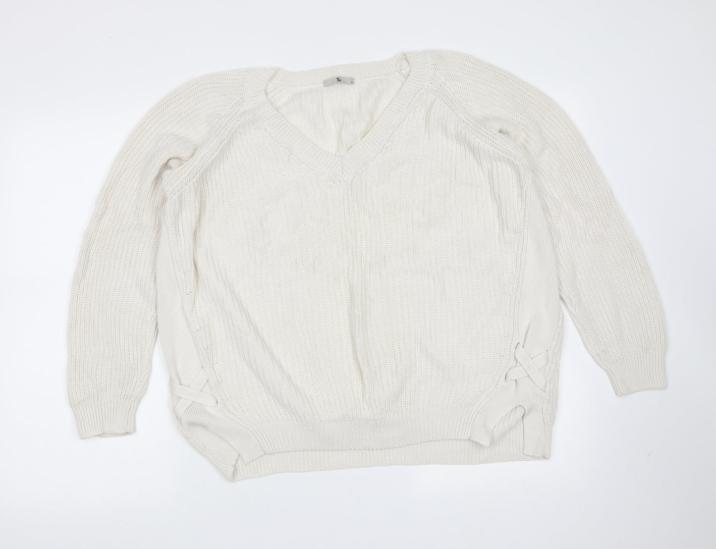 TU Womens Ivory V-Neck  Cotton Pullover Jumper Size 12