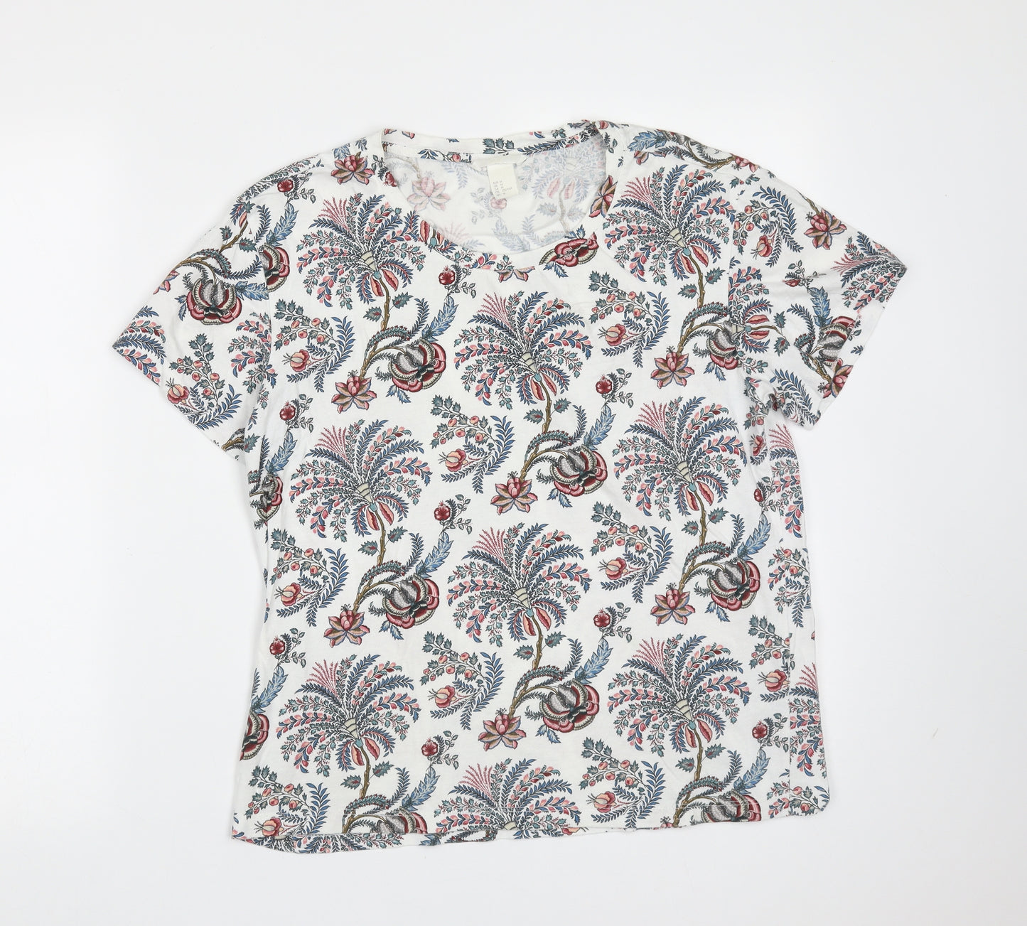 H&M Womens White Floral Cotton Basic T-Shirt Size M Round Neck