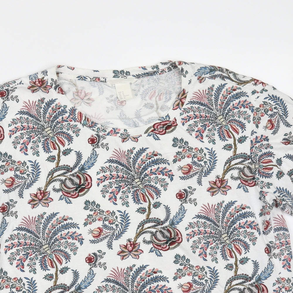 H&M Womens White Floral Cotton Basic T-Shirt Size M Round Neck
