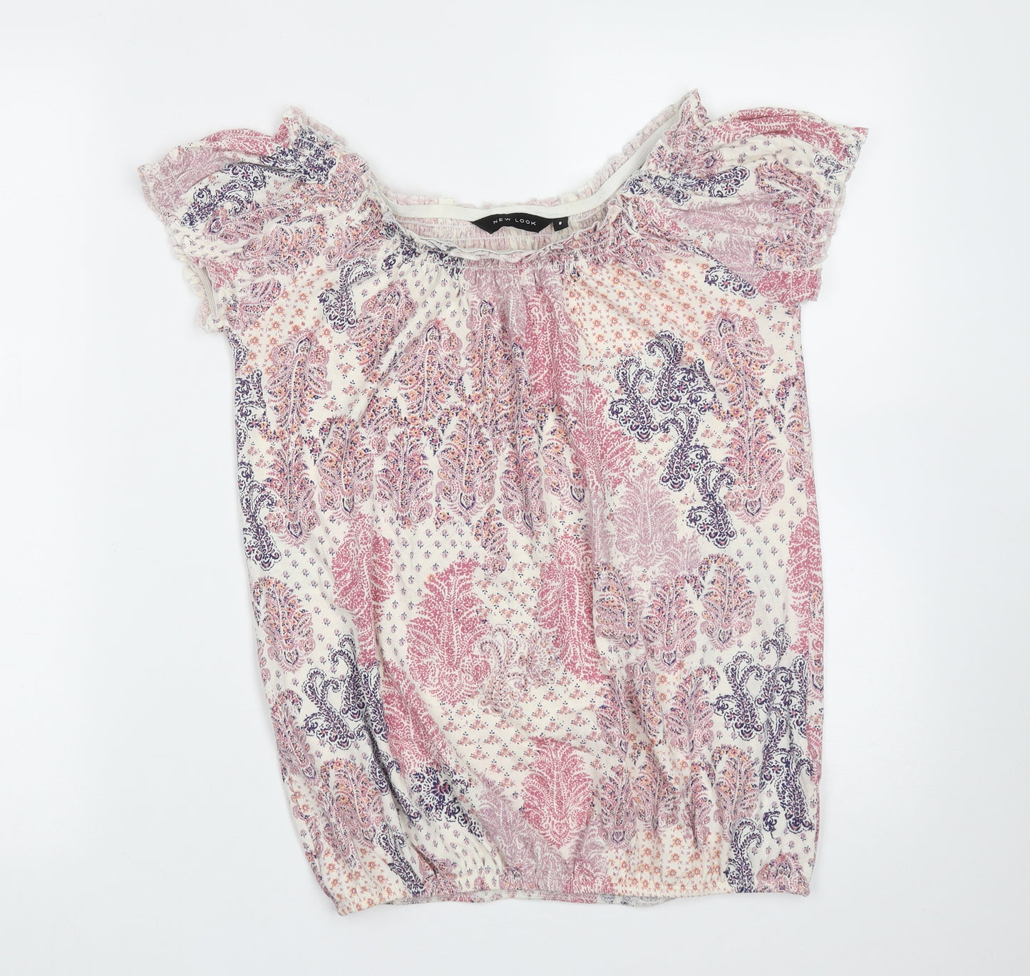 New Look Womens Pink Paisley Cotton Basic Blouse Size 8 Round Neck