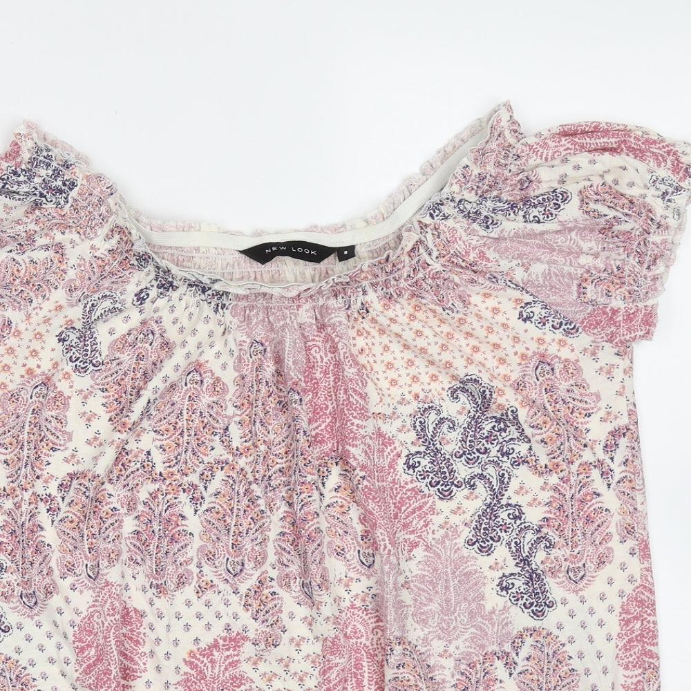 New Look Womens Pink Paisley Cotton Basic Blouse Size 8 Round Neck