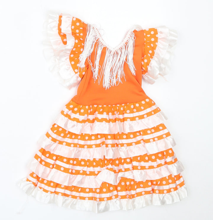 Preworn Girls Orange Polka Dot Polyester Tutu Dress Size 12 Months V-Neck
