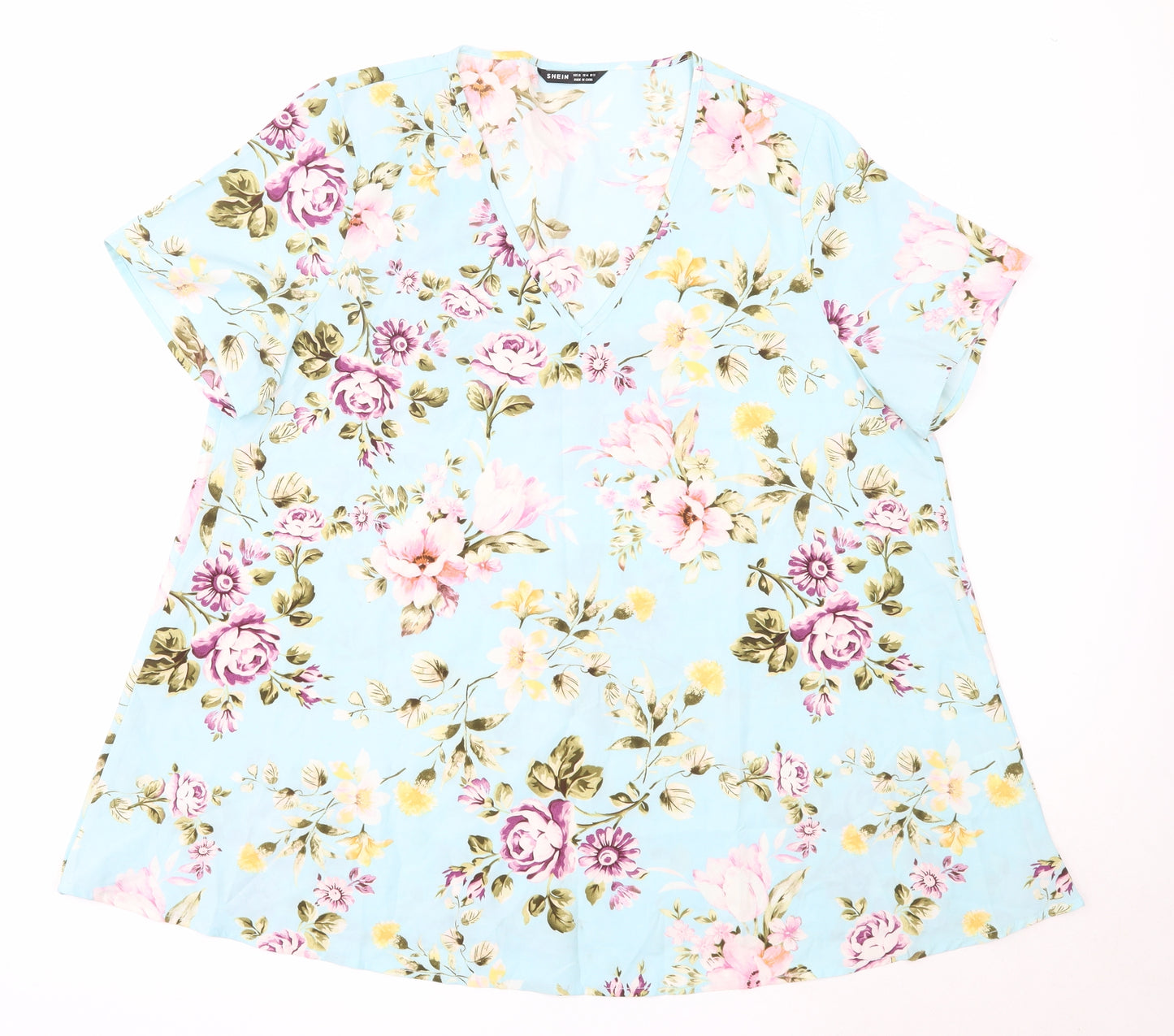 SheIn Womens Blue Floral Polyester Basic Blouse Size XL V-Neck