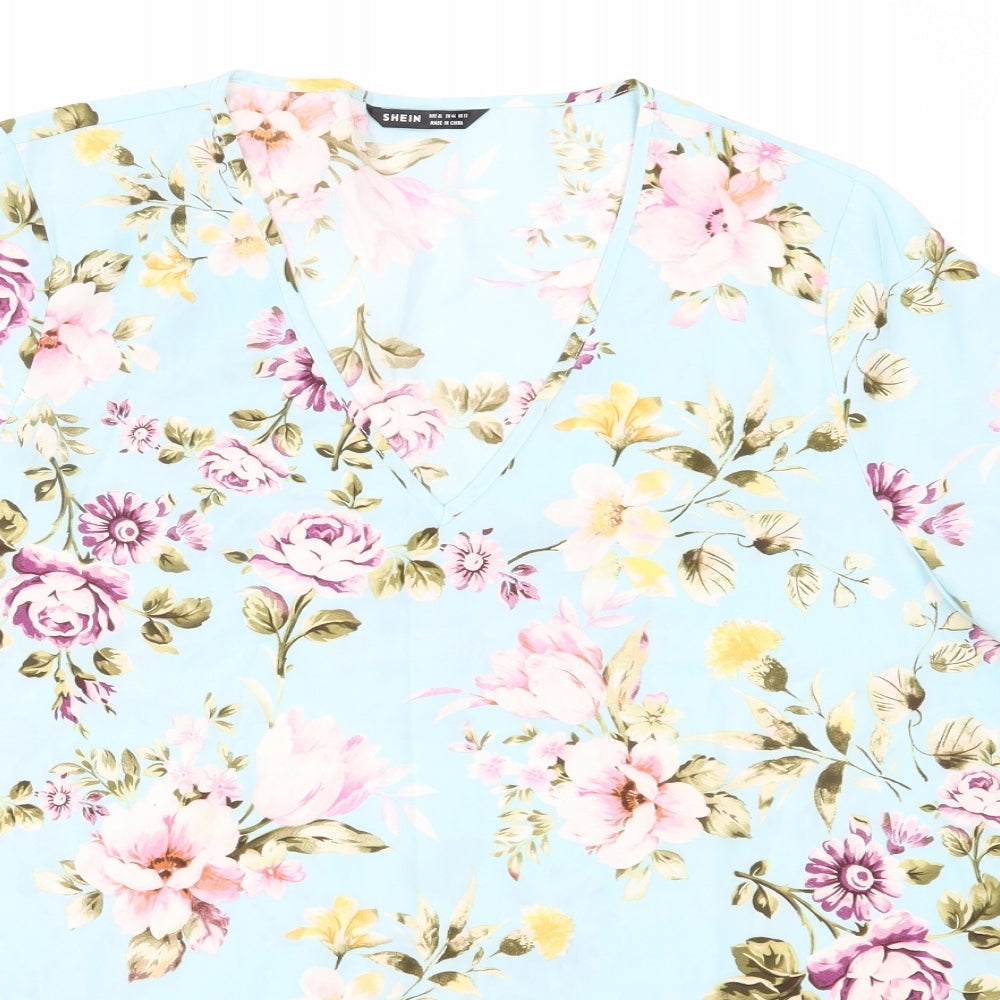 SheIn Womens Blue Floral Polyester Basic Blouse Size XL V-Neck