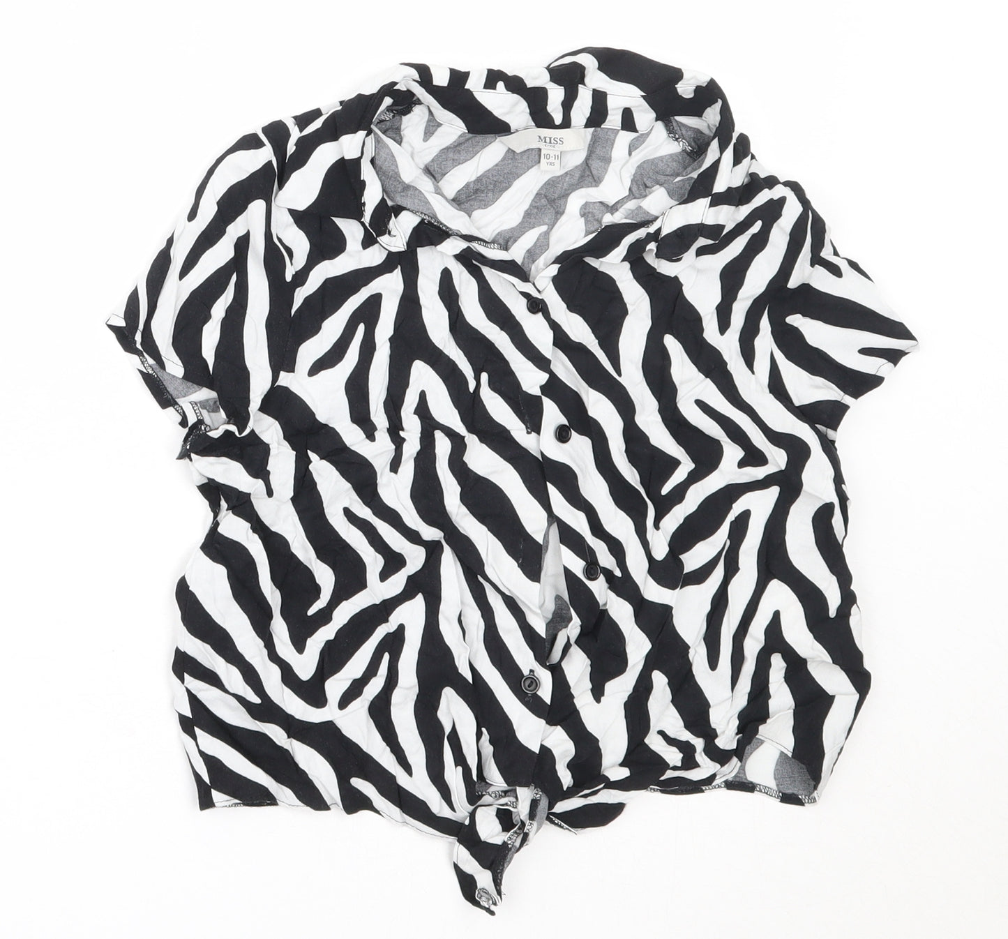 Miss Evie Girls Black Animal Print Viscose Basic Button-Up Size 10-11 Years Collared