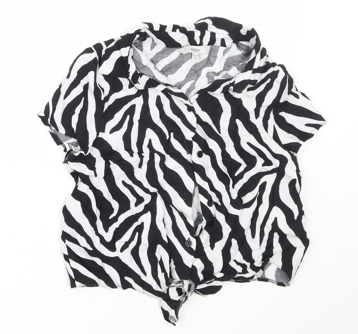Miss Evie Girls Black Animal Print Viscose Basic Button-Up Size 10-11 Years Collared