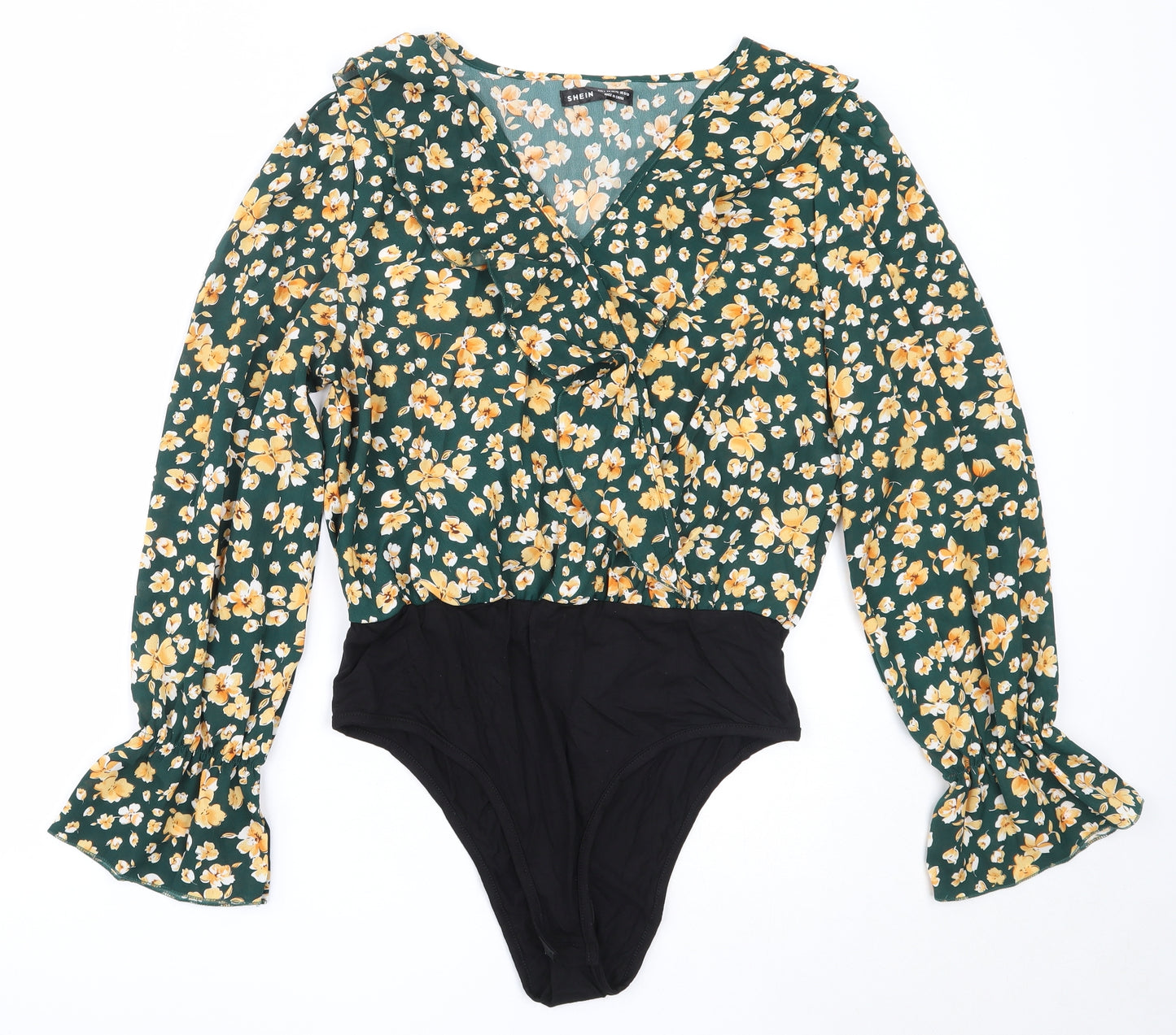 SheIn Womens Green Floral Polyester Basic Blouse Size L V-Neck
