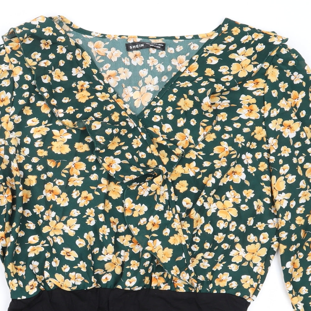 SheIn Womens Green Floral Polyester Basic Blouse Size L V-Neck