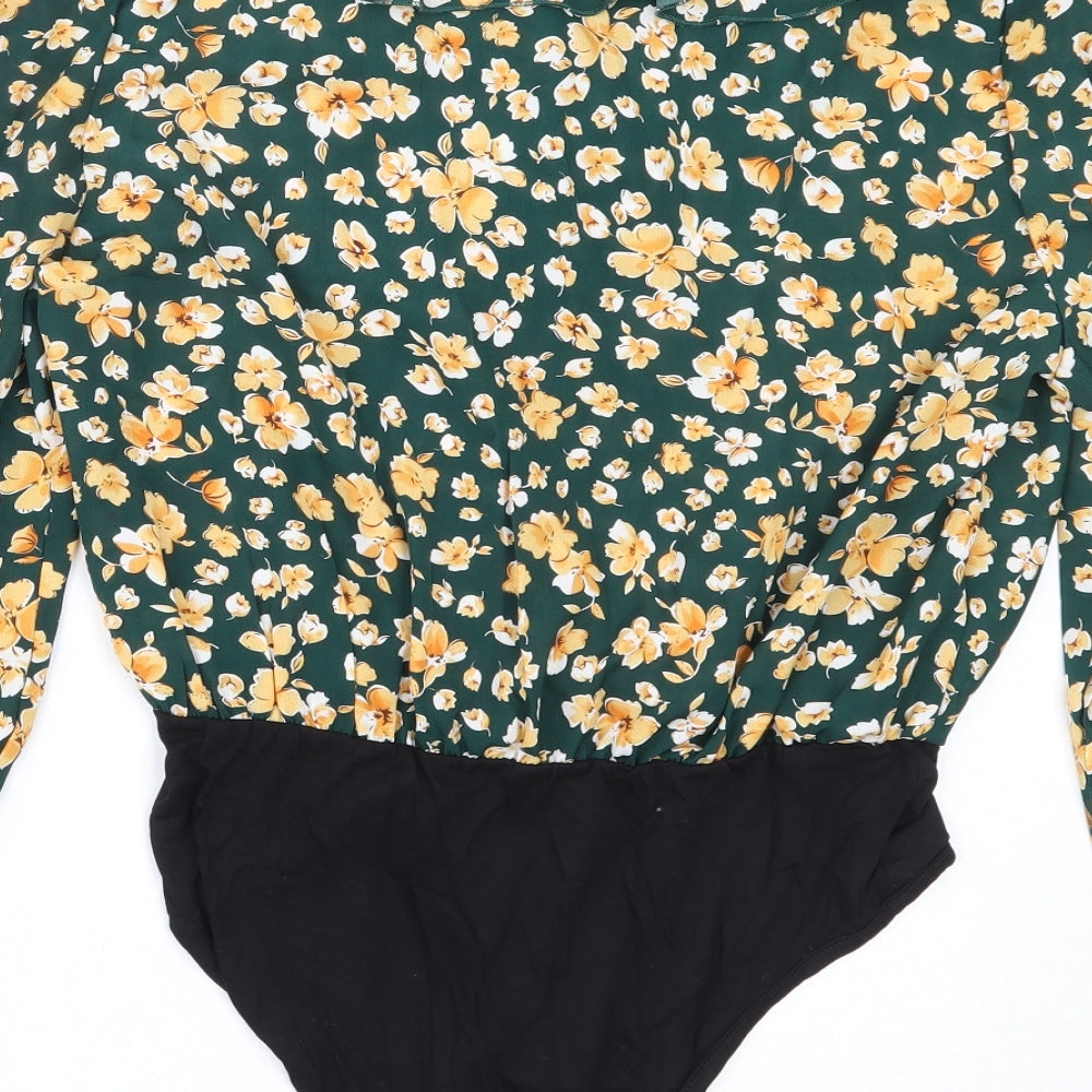 SheIn Womens Green Floral Polyester Basic Blouse Size L V-Neck