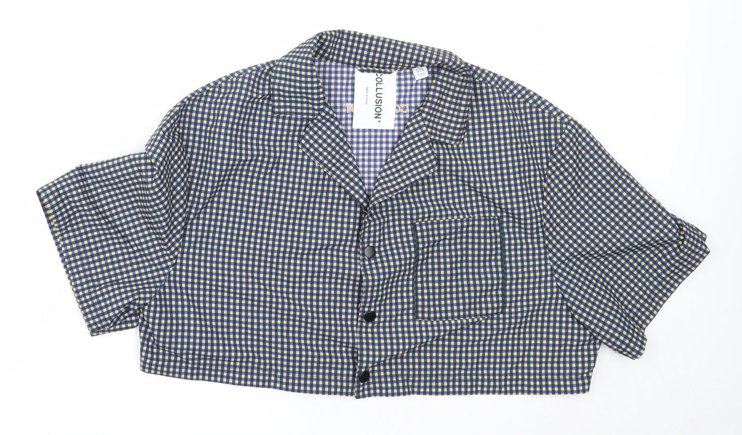 COLLUSION Womens Blue Check Nylon Cropped Button-Up Size 10 Collared
