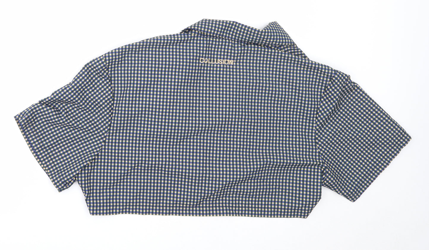 COLLUSION Womens Blue Check Nylon Cropped Button-Up Size 10 Collared
