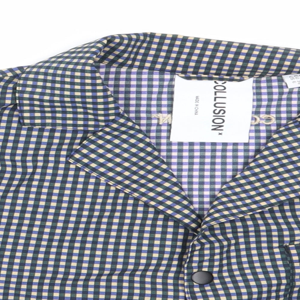 COLLUSION Womens Blue Check Nylon Cropped Button-Up Size 10 Collared
