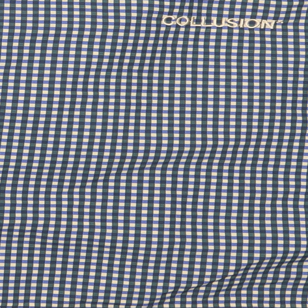 COLLUSION Womens Blue Check Nylon Cropped Button-Up Size 10 Collared